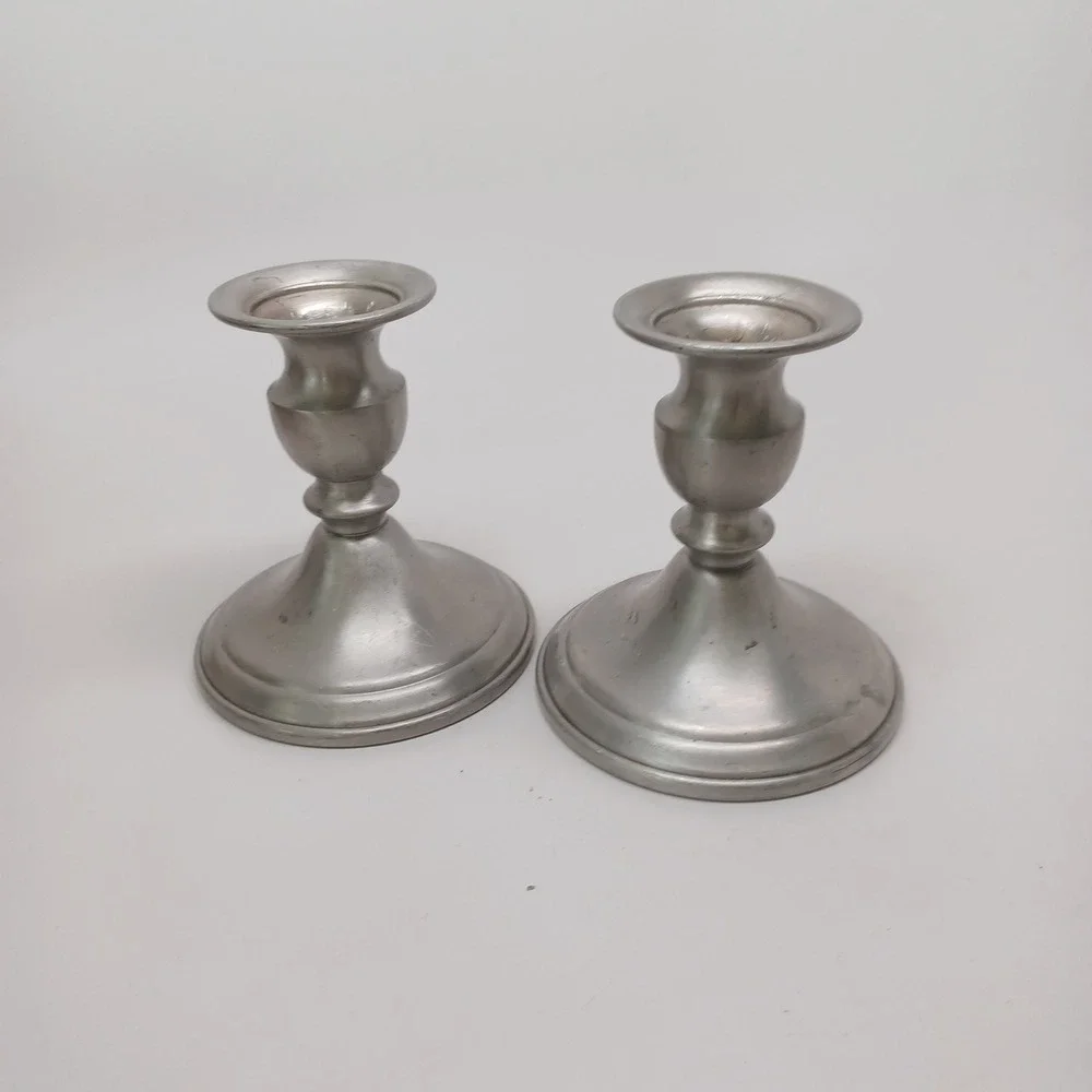 Web Pewter Weighted Candlestick Pair Silver Tone Taper Candle Holders Set of 2